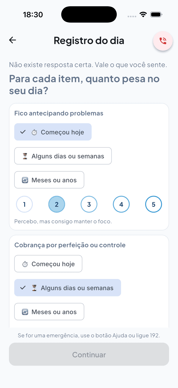 Registro do dia no Dualis: duração e intensidade de 1 a 5 para cada item